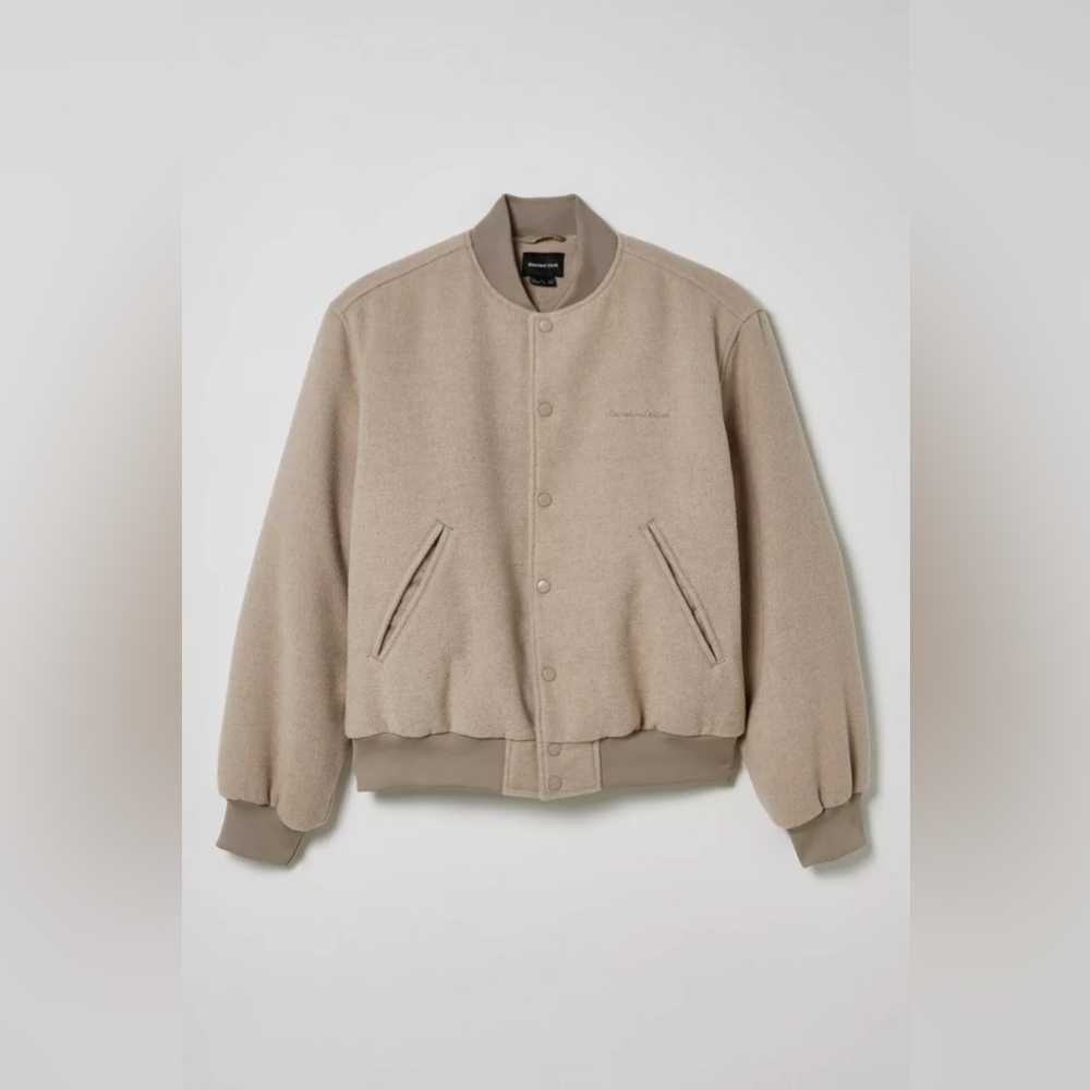Brand New with Tags: Standard Cloth Tan Faux Wool Varsity Jacket - Size L